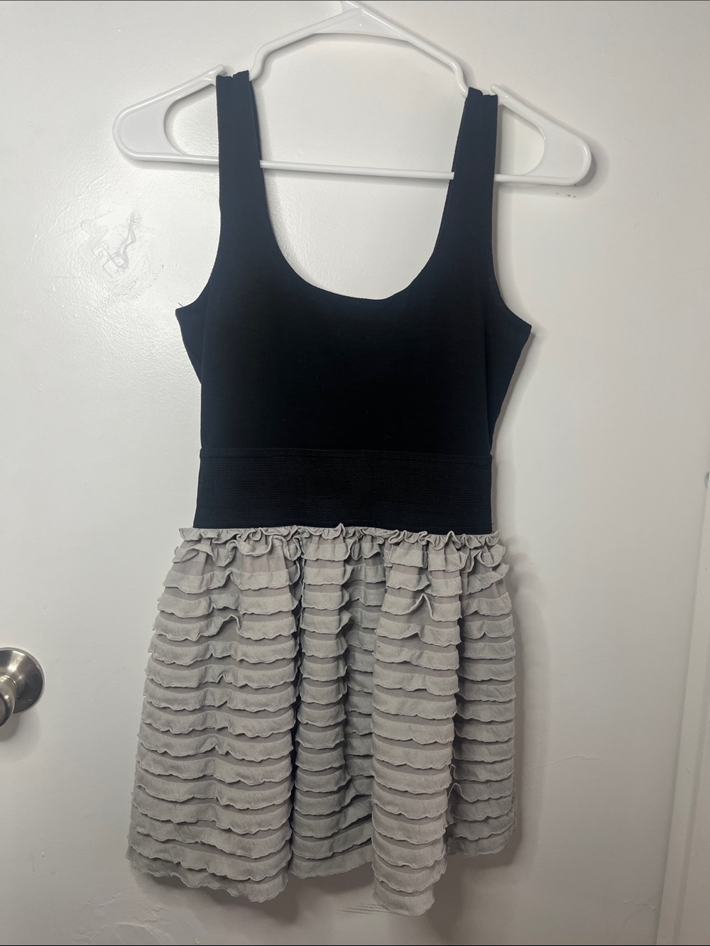 Miley Cyrus Max Azria Sleeveless Black Bodice Dress with Gray Ruffled Skirt Y2K